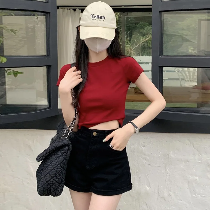 Kaus Lengan Pendek Katun Murni Bahu Depan Musim Semi Musim Panas untuk Wanita dengan Slim Fit dan Slim Inner Bottom T-shirt Top Ins