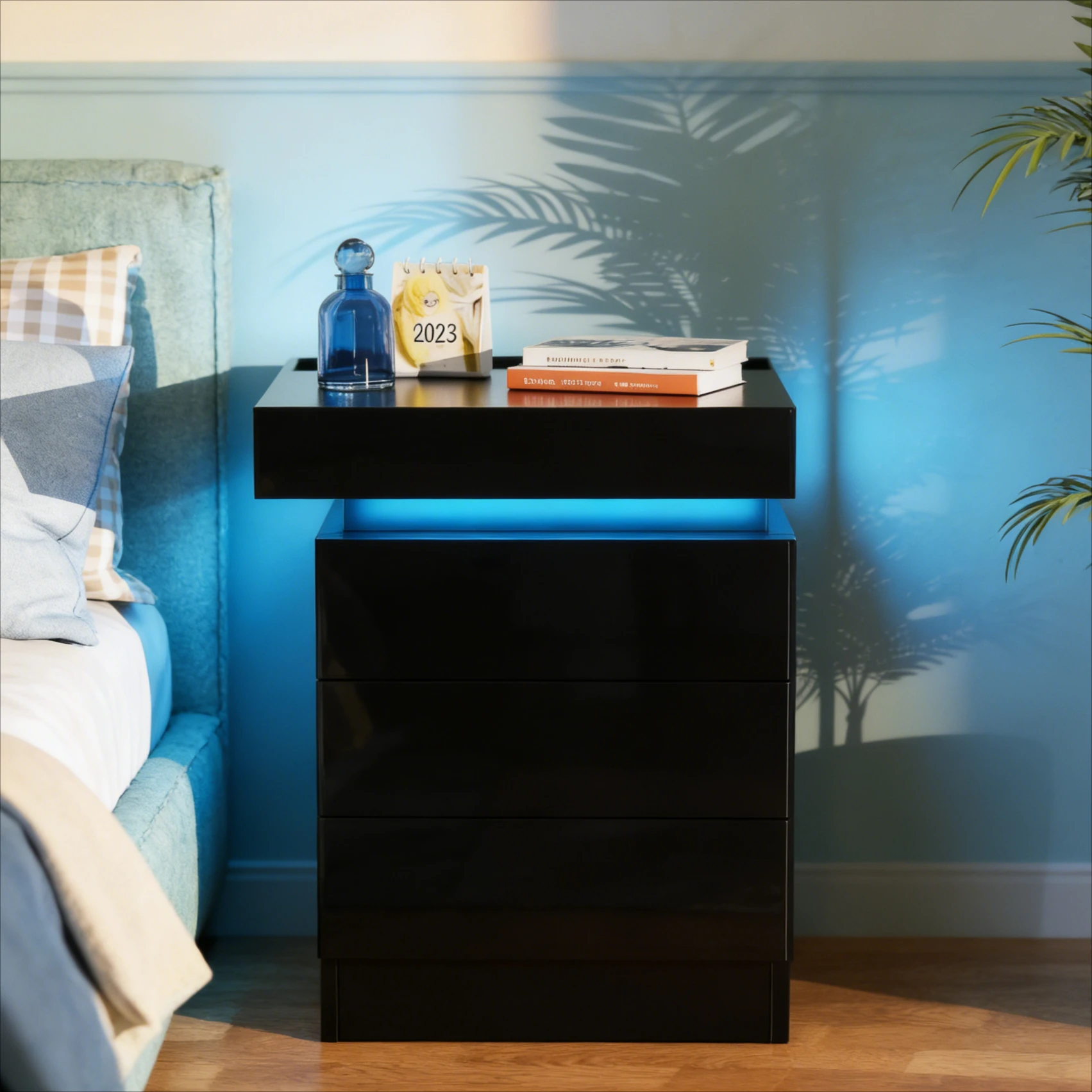 3 Drawers Wooden Nightstand Storage Light Charging UK Plug Station Drawers Farmhouse Bluetooth Light Strip Bedroom Living Room