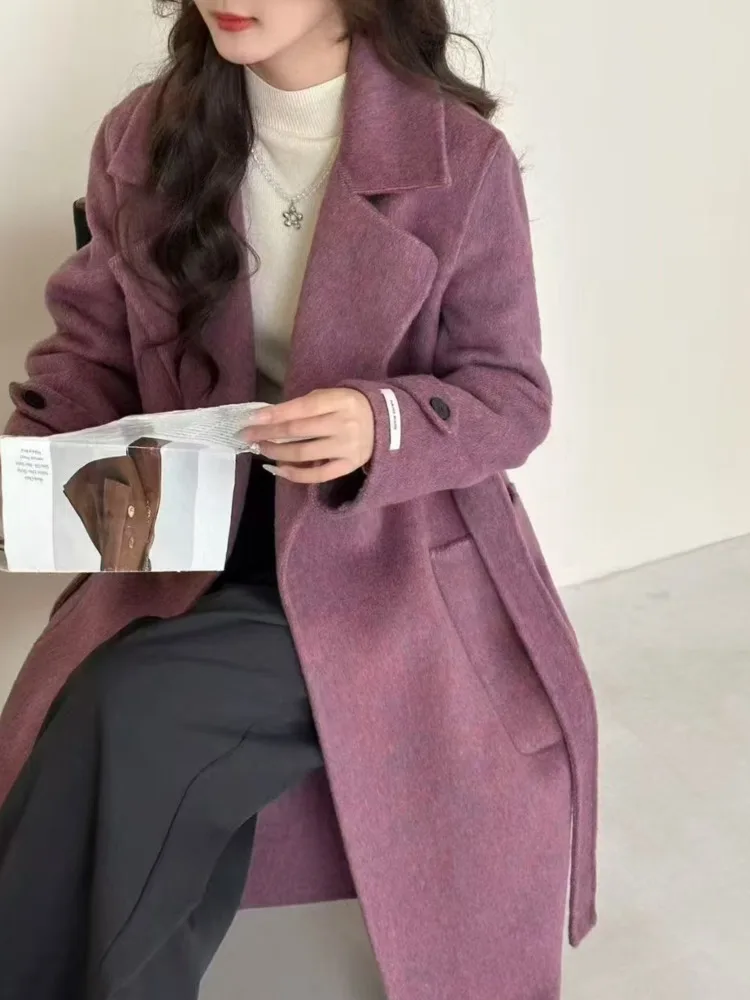 ZMEENNA élégant femmes gris foncé laine mélange Long manteau avec revers col cravate ceinture chaud vêtements de sortie d'hiver décontracté ZM3499