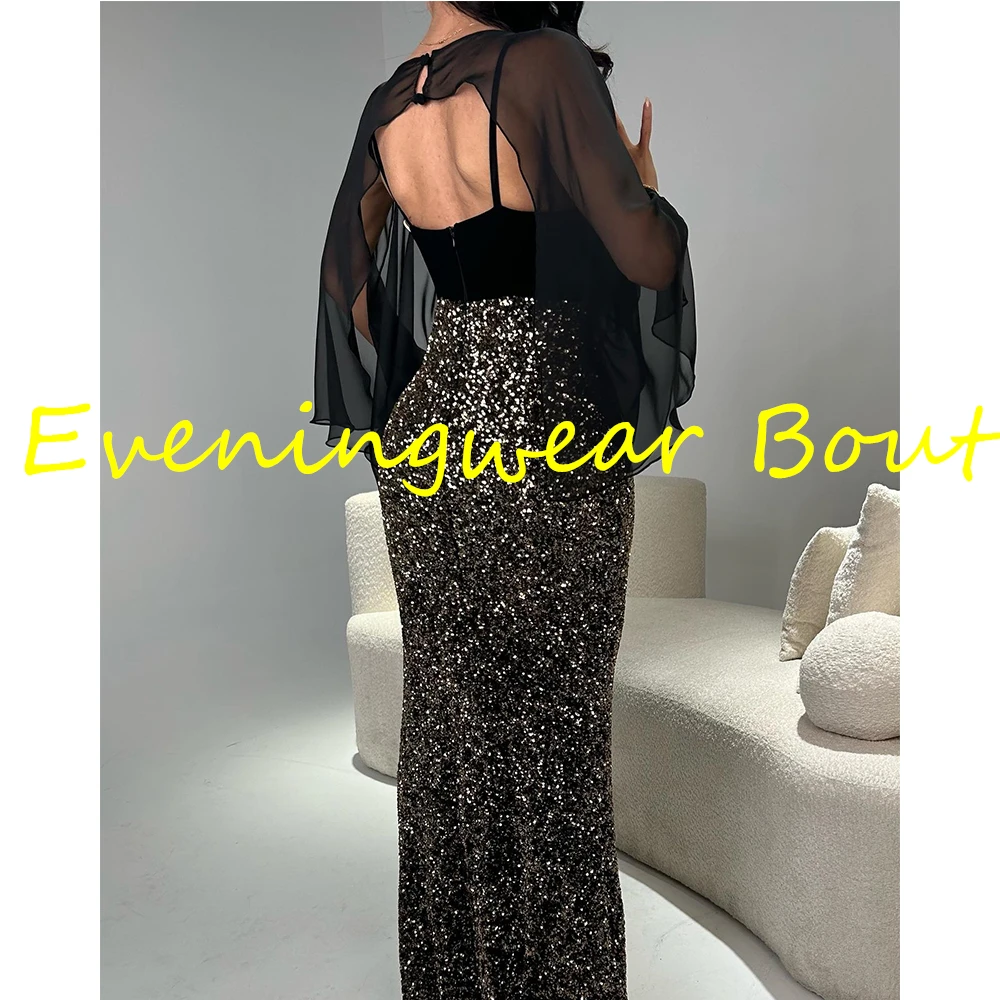 Customized Classic Straight Ankle Length Crew neck Long Sleeves Sequined Evening Dress Fashion Photo Color vestidos para mujer