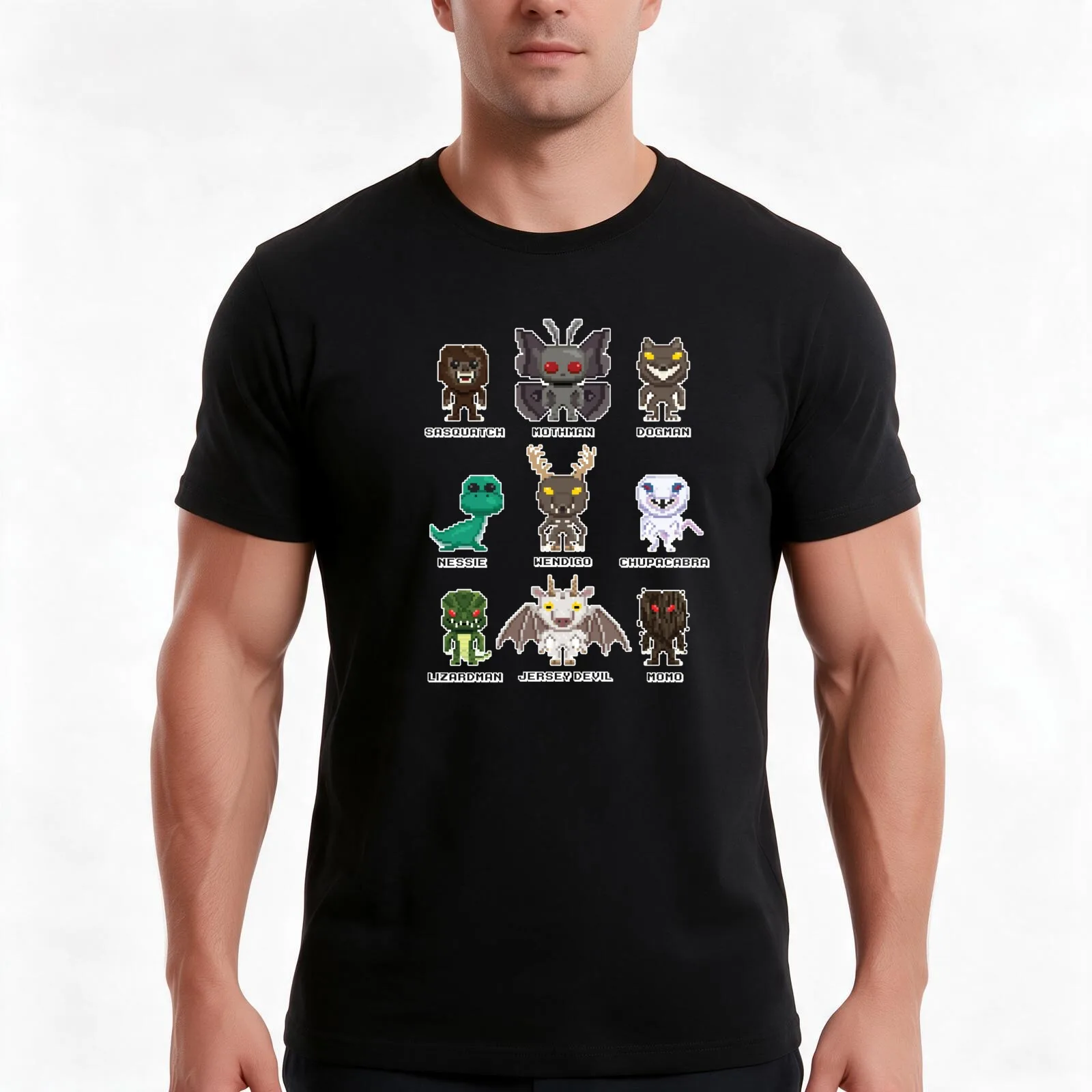8-Bit Cryptid Monsters - Cute Sasquatch, Mothman, Dogman, Nessie, Wendigo, Chupacabra, Lizardman, Jersey Devil, Momo T-Shirt