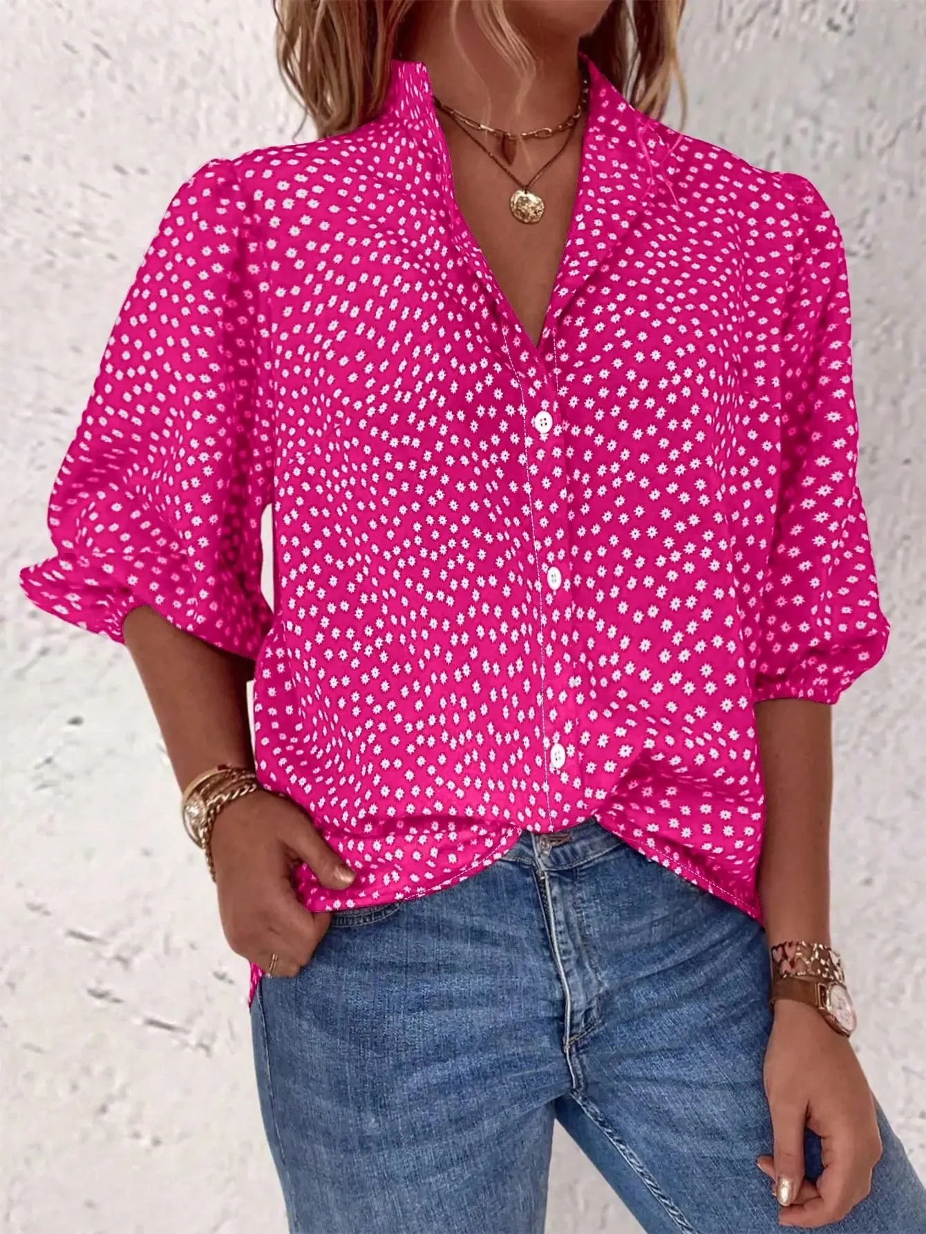 

Pink Floral Print Casual Mid-Sleeve Button-Up Shirt For Women