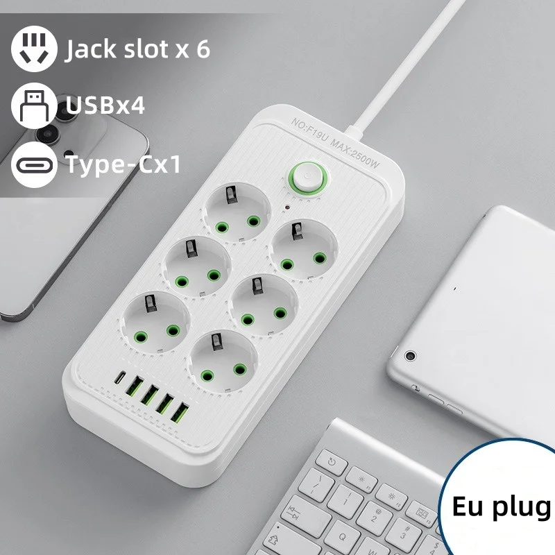 Stekkerdoos met 2M Verlengsnoer 6/8 EU Gaten 4USB Type C Poorten Universele AC Outlet Stopcontact Telefoon Veilig Opladen Adapter
