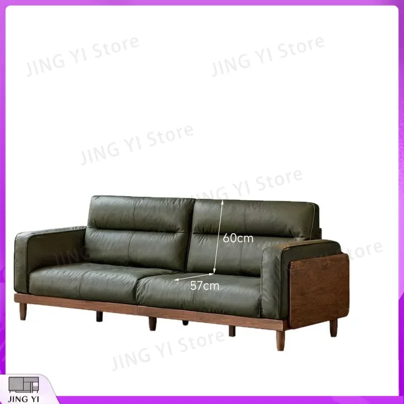 Nordic Retro Leather Sofa First Layer Cowhide Solid Walnut Wood Frame Living Room Three Seater Small Apartment Sofa for Home