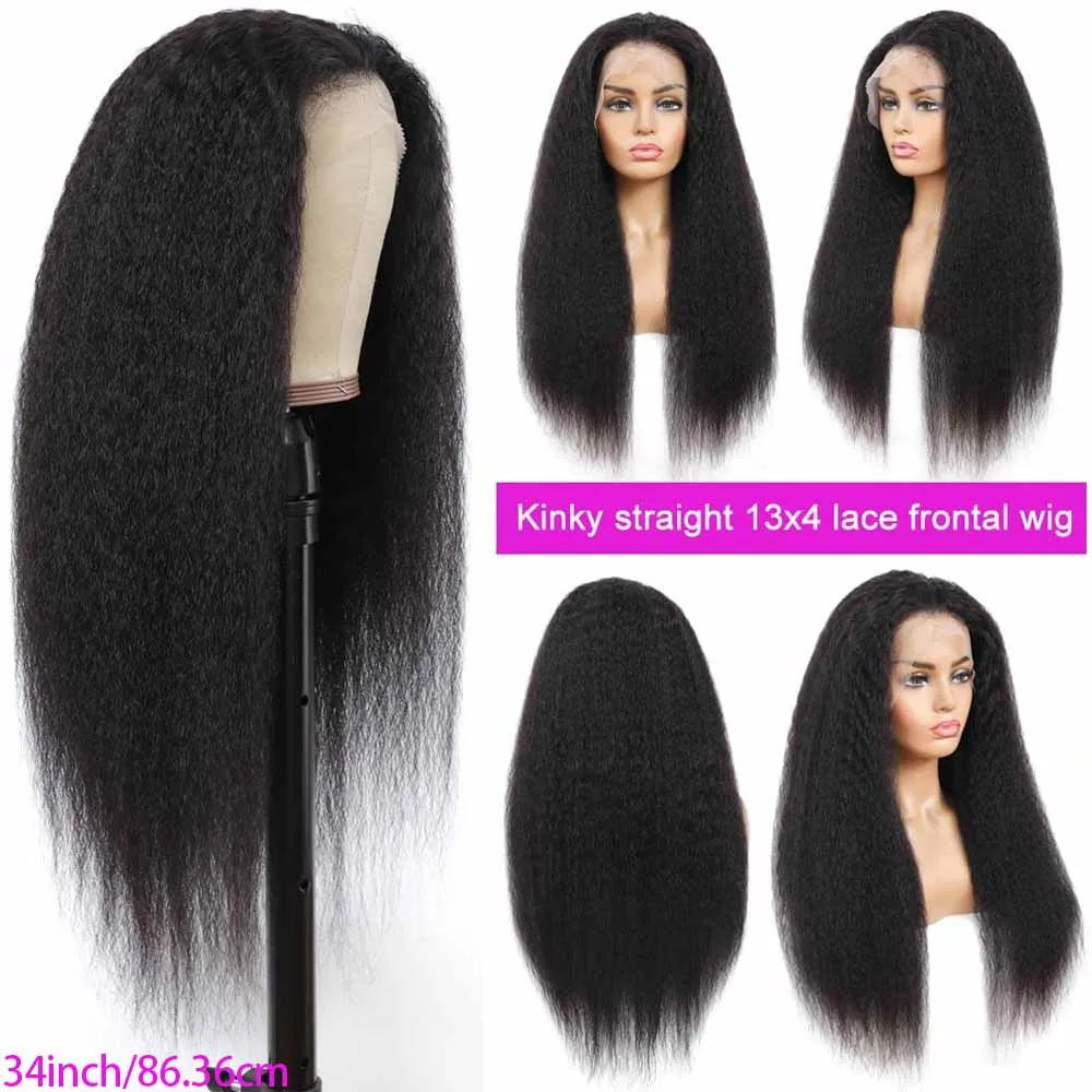 13x4 Kinky Straight Lace Front Human Hair Wig With Kinky Edges Baby Hair Glueless Yaki Straight HD Lace Frontal Wig 250% Denisty image 4