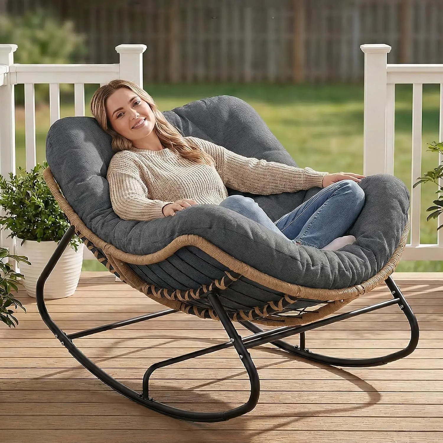 Papasan Rocking Chair Outdoor, Oversized Patio Egg Chair with Thick Cushion, Indoor Wicker Lounge Rocker Bed for Balcony