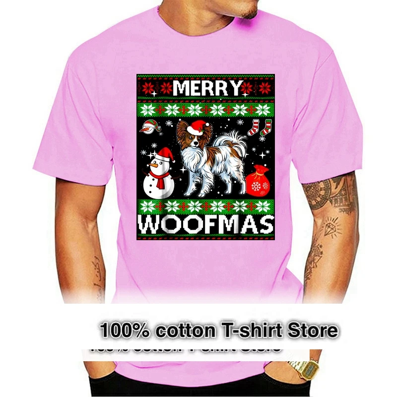 Papillon Dog Merry Woofmas Christmas Costume T-Shirt Amazing Short Sleeve Unique Casual Short Sleeve Tops