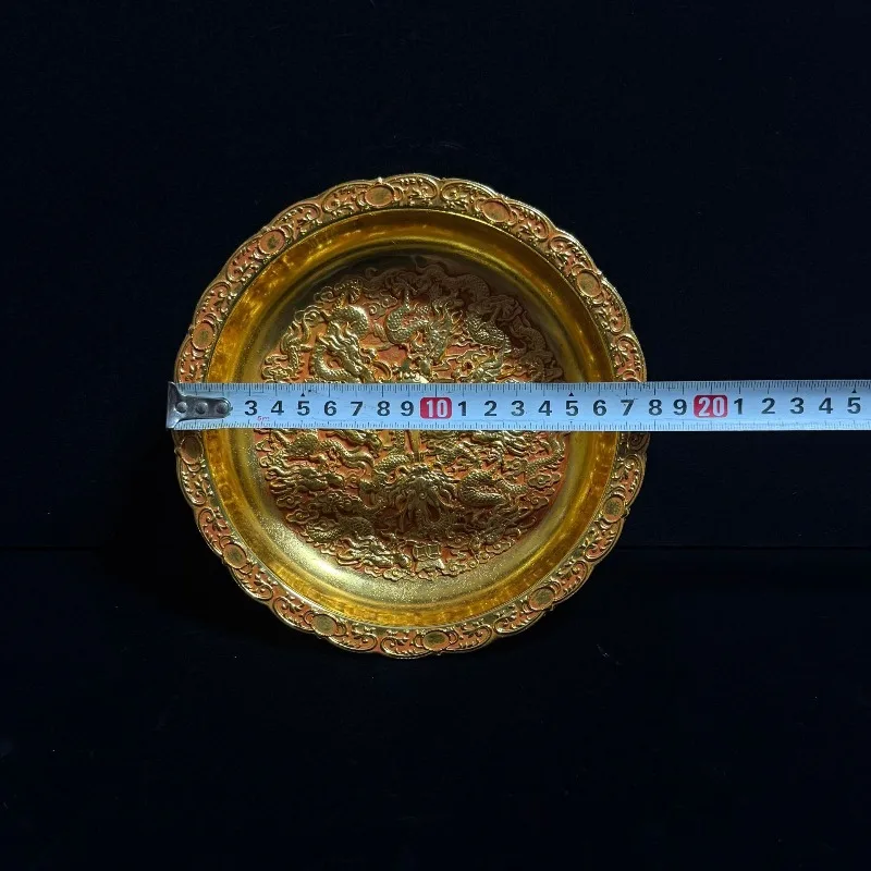 Retro Gilt Metal Decor Plate Relief Nine Dragon Pattern Scalloped Edge Traditional Chinese Table Display Ornament