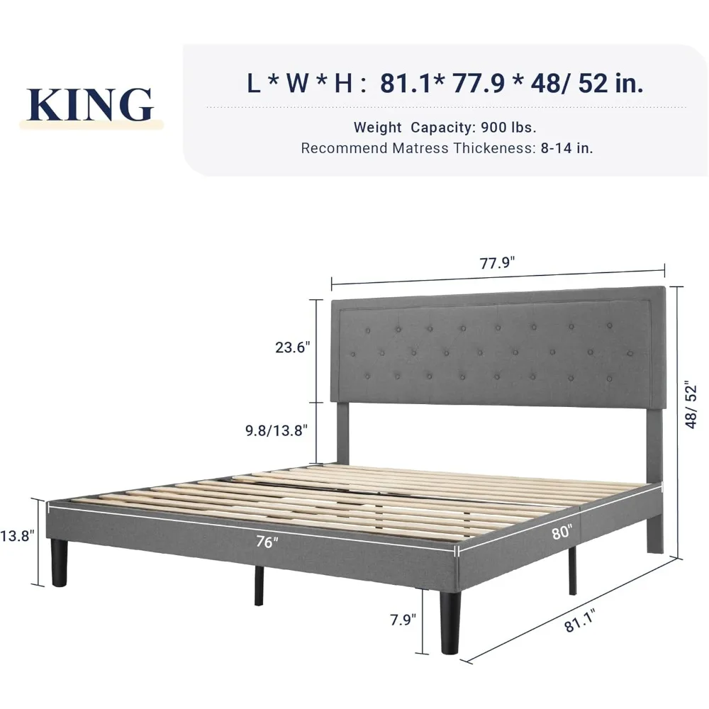 King Size Bed Frame Upholstered Platform Bed with Adjustable Headboard, Button Tufted, Wood Slat Support, Easy Assembly