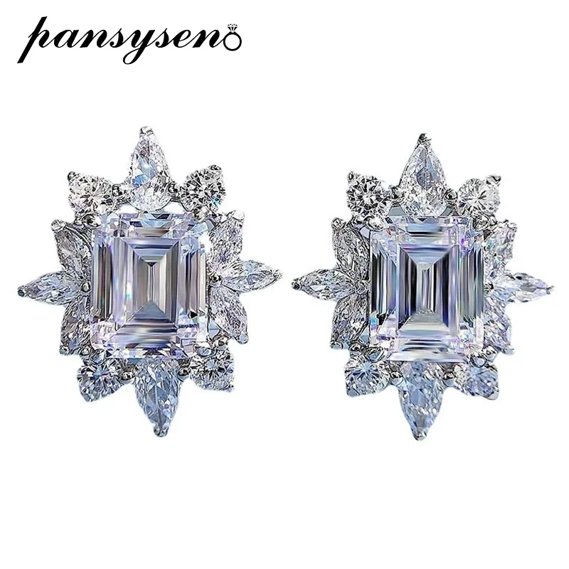 

PANSYSEN 100% 925 Sterling Silver 7*9MM Emerald Cut lab White Sapphire Wedding Party Stud Earrings for Women Fine Jewelry Gift