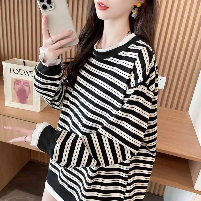 Early Autumn Thin Striped Casual Sweatshirt Hoodie Women Loose Round Neck Long Sleeve Pullover Outfits Oversize Fake Two Piece