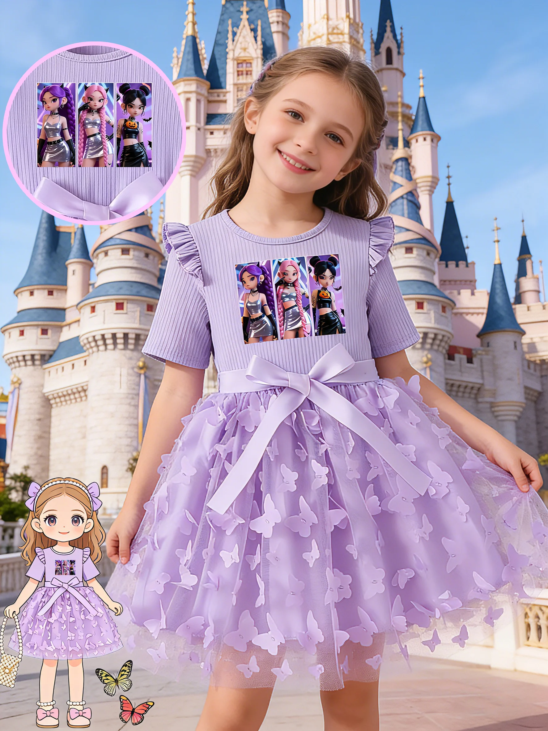 Girls Ins Style Dress, Ribbed Flutter Sleeve Top + 3D Butterfly Tulle Skirt Hem