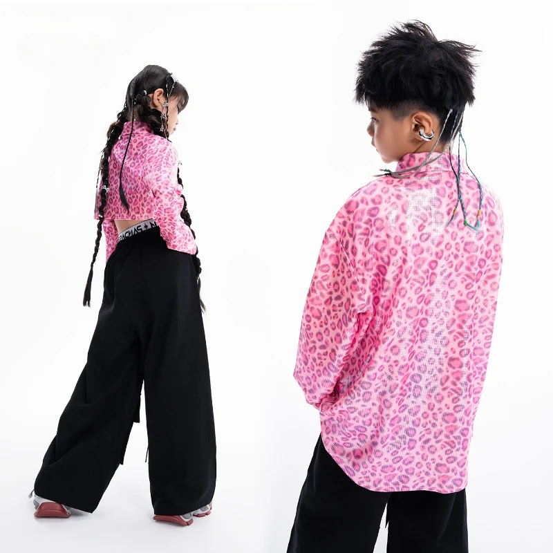 ملابس الهيب هوب للأولاد للرقص في الشوارع وردي بأكمام طويلة وسراويل سوداء للفتيات أزياء أداء الجاز مجموعة أزياء ملابس المسرح