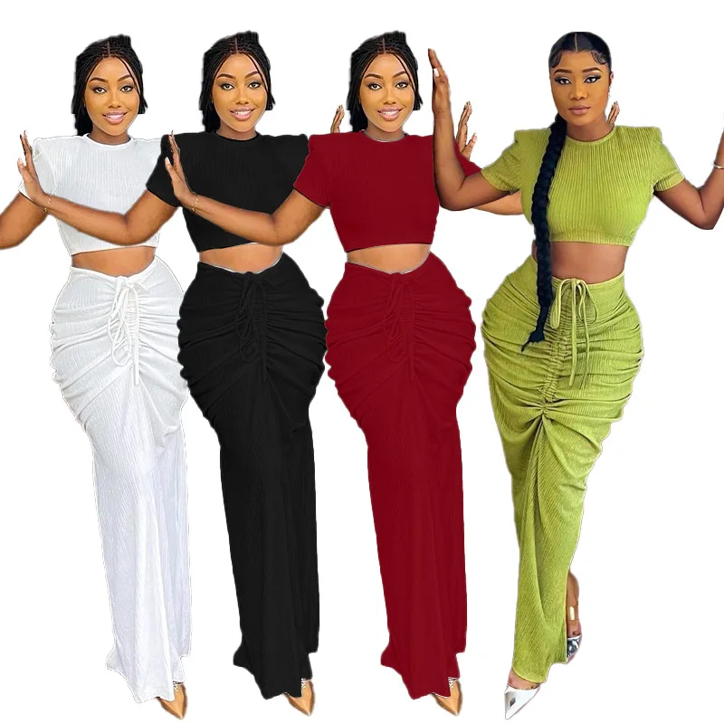 

Sexy Women's Long Dress Set Tightened Pleated Skirt Short Sleeve Bared Waist Gown Ensemble Fashionable Spring Collection