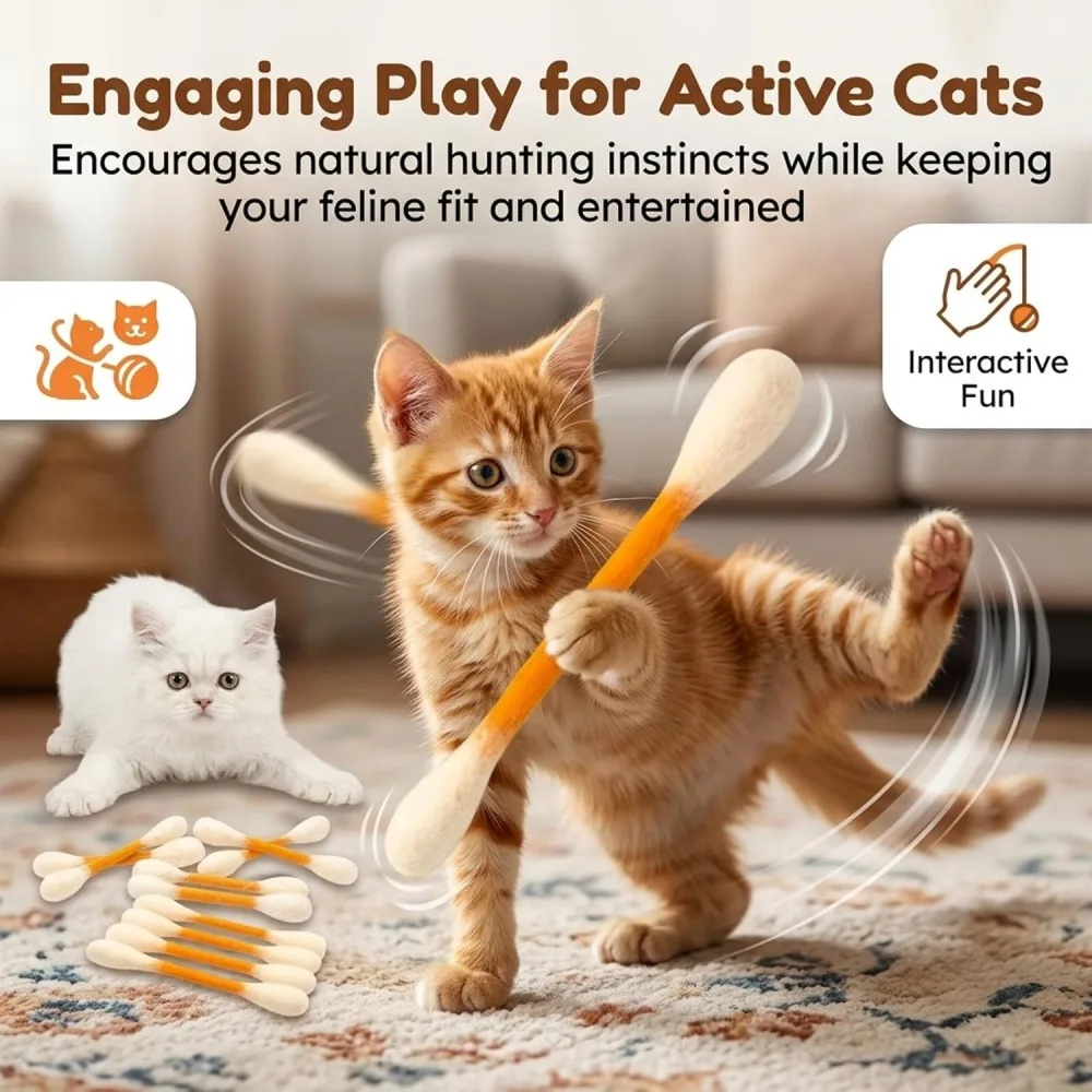 6PCS Giant Cotton Swabs Cat Toys, Durable Feline Teething Chew Sticks, Interactive Indoor Kitten Kickers