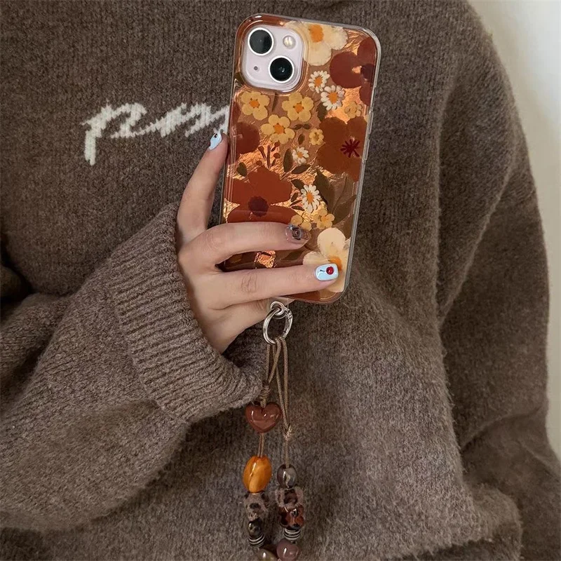 دوامة نمط IND النفط اللوحة الأصفر البني زهرة جراب هاتف مع سلسلة آيفون 11 12 13 14 15 16 17 برو ماكس