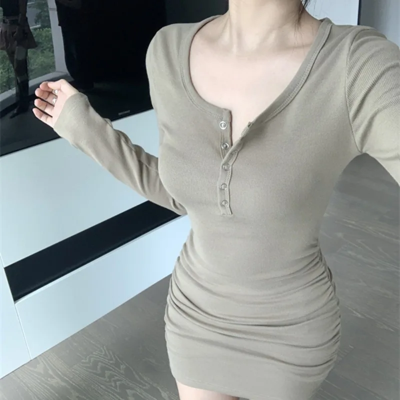 

Korean Style Pleated Sexy V-neck Show Clavicle Dress Women Pure Desire Tight Slimming Waist-cinching Short Skirt