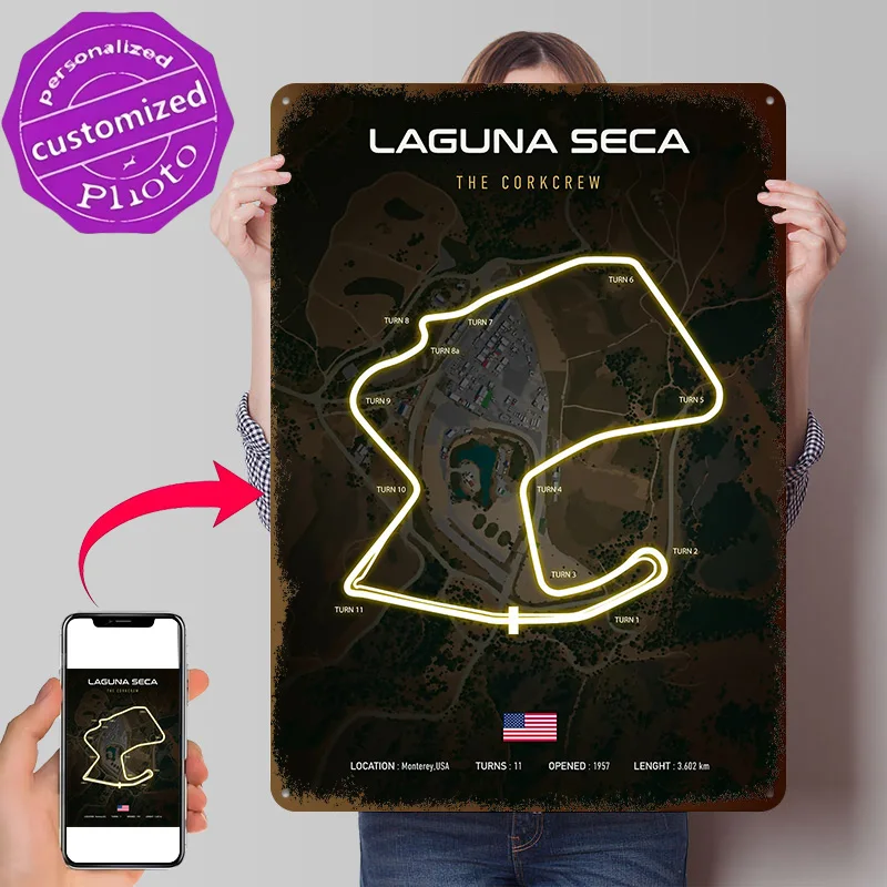 Laguna Seca Race Track Map Metal Poster Perfect Gift for Fans Lovers Personalized Wall Art Metal Sign for Mancave Decoration