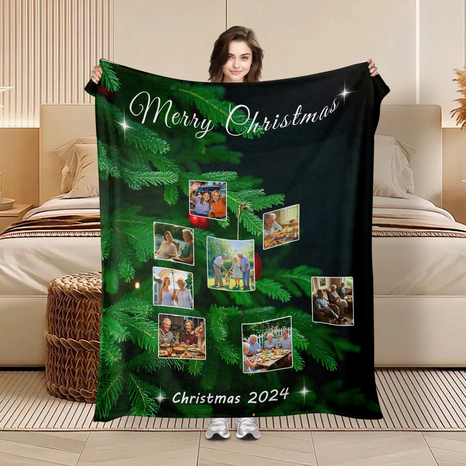 

Cozy Christmas Flannel Blanket Offering Eight Picture Slots Plus Custom Text And Decorative Tree Elements