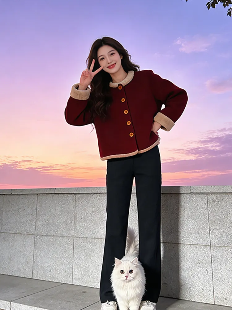 

Women's Winter Faion Cotton Jaet Set with Fur Collar Casual Pants Two-Piece Suit Bla Long Sve Button up Warmth