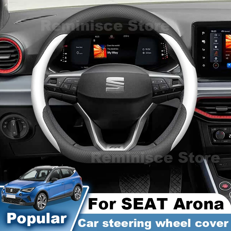 Leather Car Steering Wheel Cover For Seat Arona KJ7 2017 2018 2019-2023 Non Slip Steering Wheel Cover Seat Arona Accessories