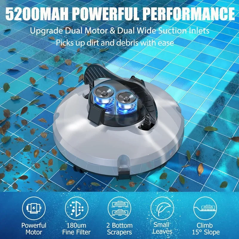 Sem fio Robotic Piscina Vacuum para acima do solo Piscina, motores automáticos Dual-Drive, Self-Parking, até 1000 Sq.Ft