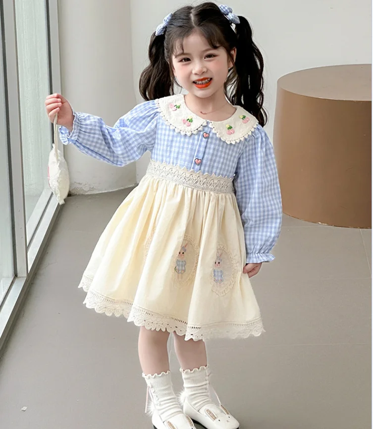 فستان كارتون منقوش باللون الأزرق بأكمام طويلة للأطفال حديثي الولادة، فساتين حفلات على الموضة للأميرة للأطفال 2-7 T