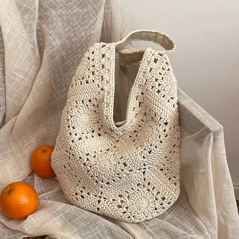 Gewebte Tasche für Damen, schicke Hobo-Tasche, große Kapazität, gewebte Schultertasche, stilvolle, ausgehöhlte Handtasche, Urlaubstasche