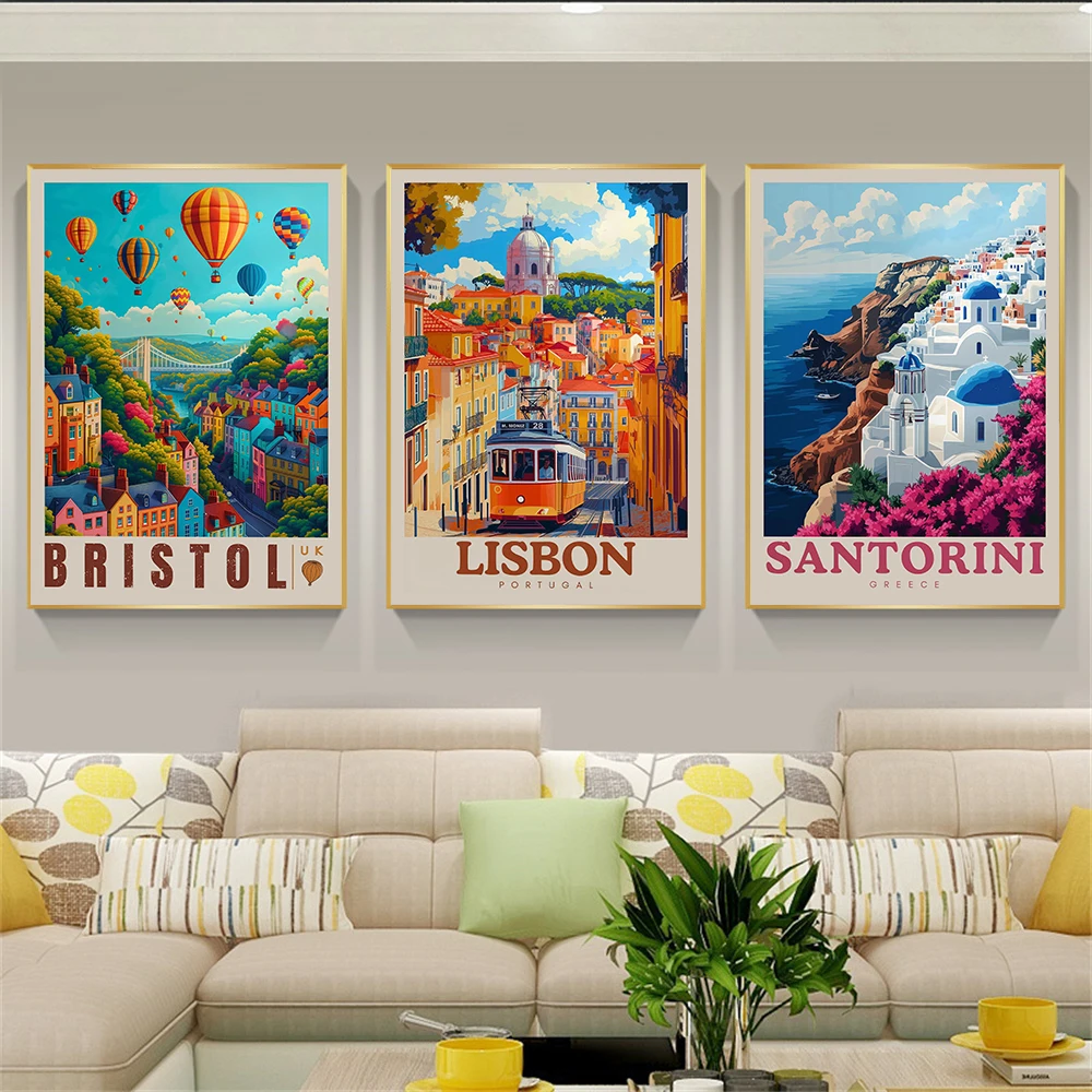 

Santorini Travel Poster Greece Wall Art Print Gift Idea RLisbon Home Decor Bristol Travel Canvas Poster Balloon Festival Poster