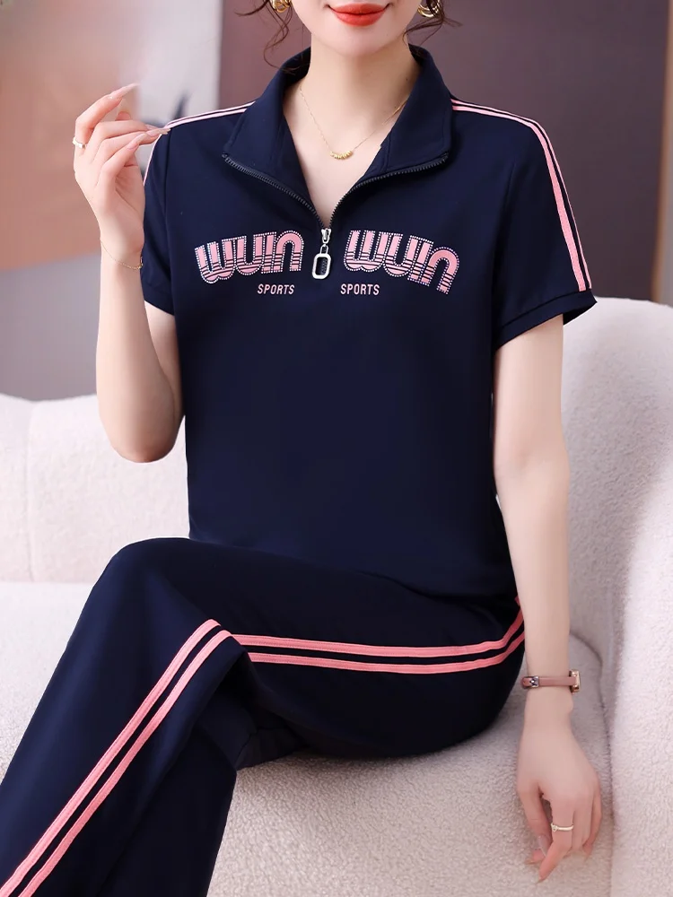 

Летний спортивный комплект для молодых мам: футболка с коротким рукавом и свободные брюки в корейском стиле (9 предметов)