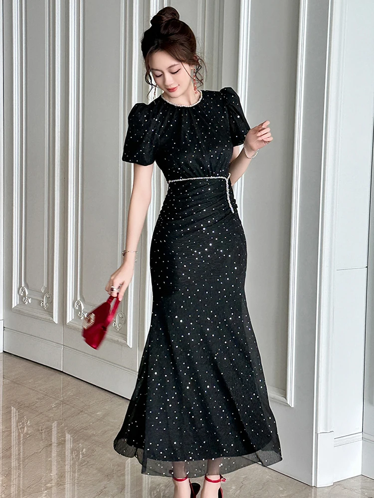 Elegantประณีตหมั้นชุดราตรีผู้หญิงสีดําสีชมพูShiny Bright SequinsพับFishtail Robe Femme Party Prom Vestidos