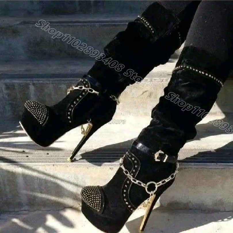 

Black Chain Decor Platform Flock Boots Round Toe British Style Party Dress Stiletto Fashion Women Shoes 2024 Zapatos Para Mujere