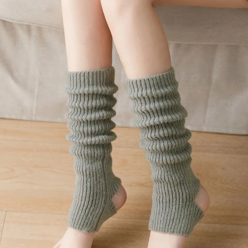 New Japanese Lolita Y2k Solid Color Leg Warmers Women Hollowed Out Foot Heel Warm Knitted Knee High Socks Legging Gaiters Cover