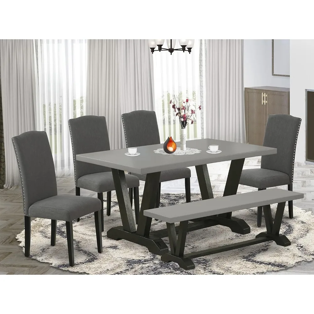 V-Style 6 Piece Dinette Set Contains a Rectangle Dining Room Table with V-Legs and 4 Dark Gotham Linen Fabric Parson Chairs with