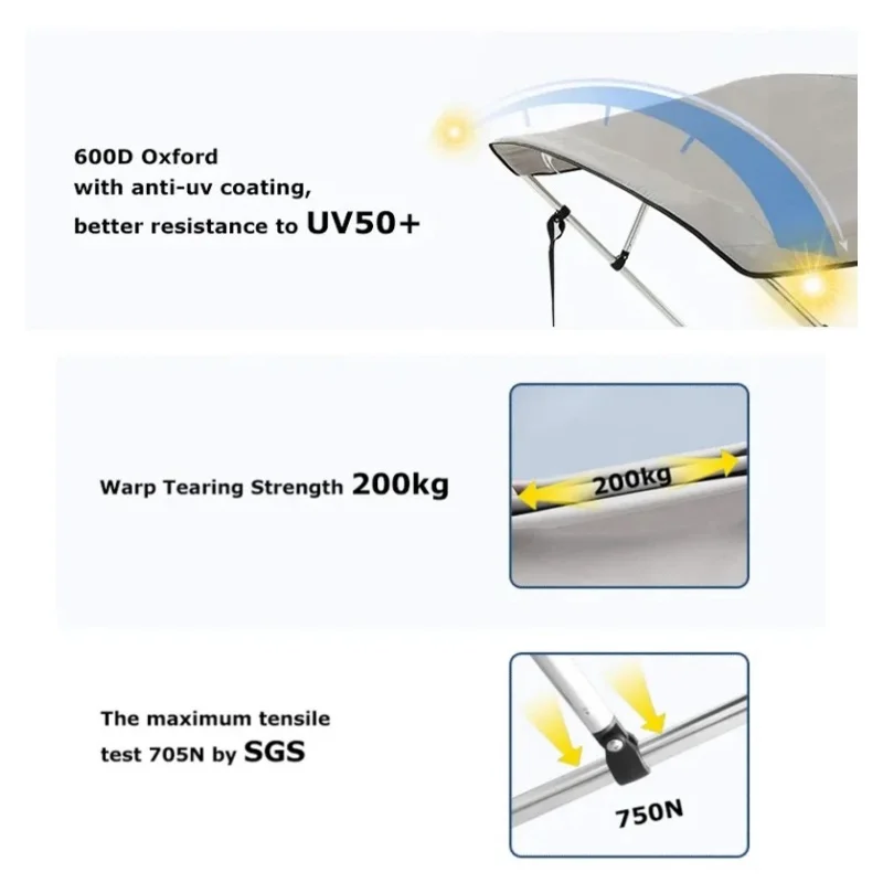 Haut de bimini gris à 3 arceaux pour bateau, toile pare-soleil, modification avec tube en aluminium 6063 de 25mm, grill Oxford en polyester 600D