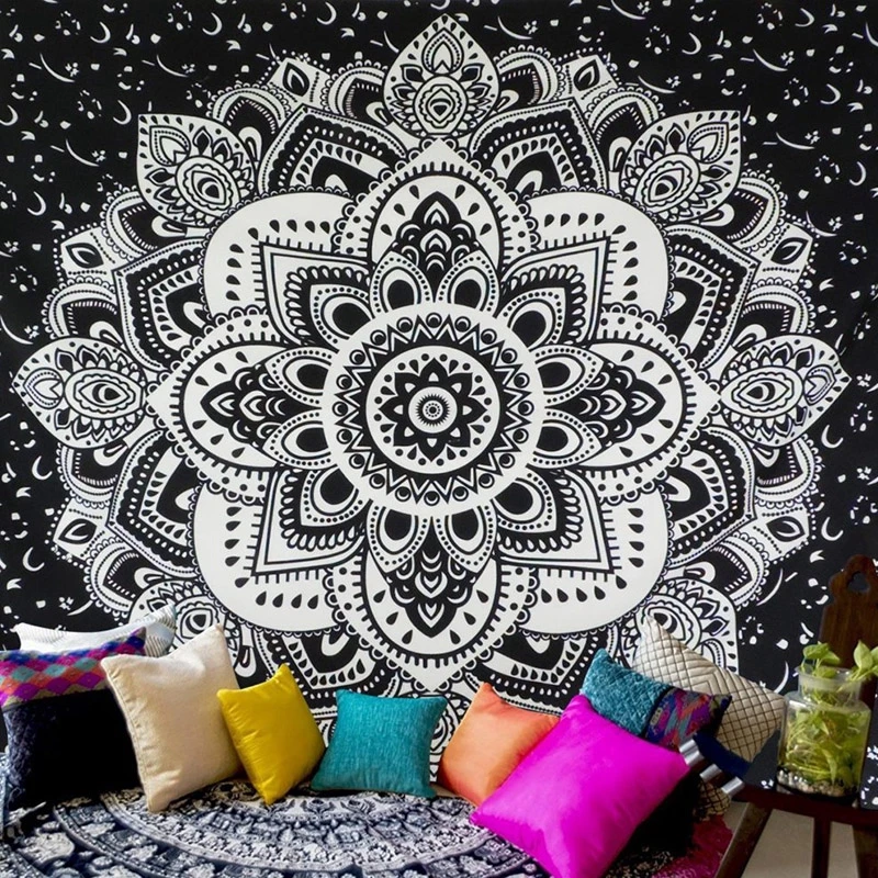 VIKAMA Schwarz-weißer Mandala-Wandteppich, böhmisches indisches Blumenmuster, Wandbehang für Schlafzimmer, Wohnzimmer, Wohnheim-Dekoration, waschbare Wanddekoration