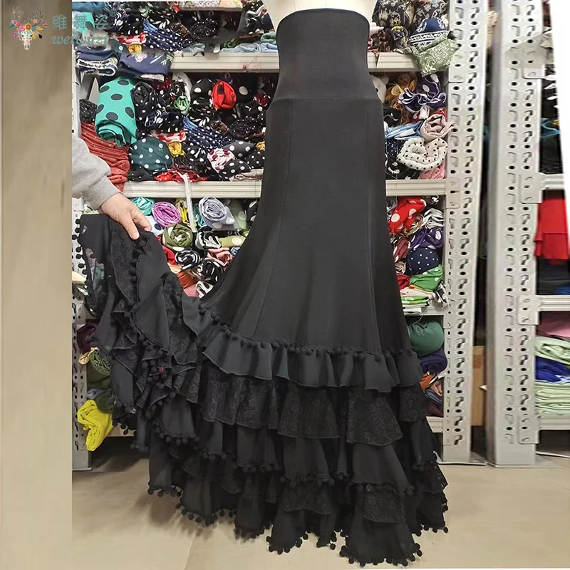 تنانير رقص الفلامنكو الإسبانية مخصصة عالية الخصر التخسيس متعدد الطبقات كعكة كبيرة سوينغ تنورة التانغو الفالس الأداء تنورة #1