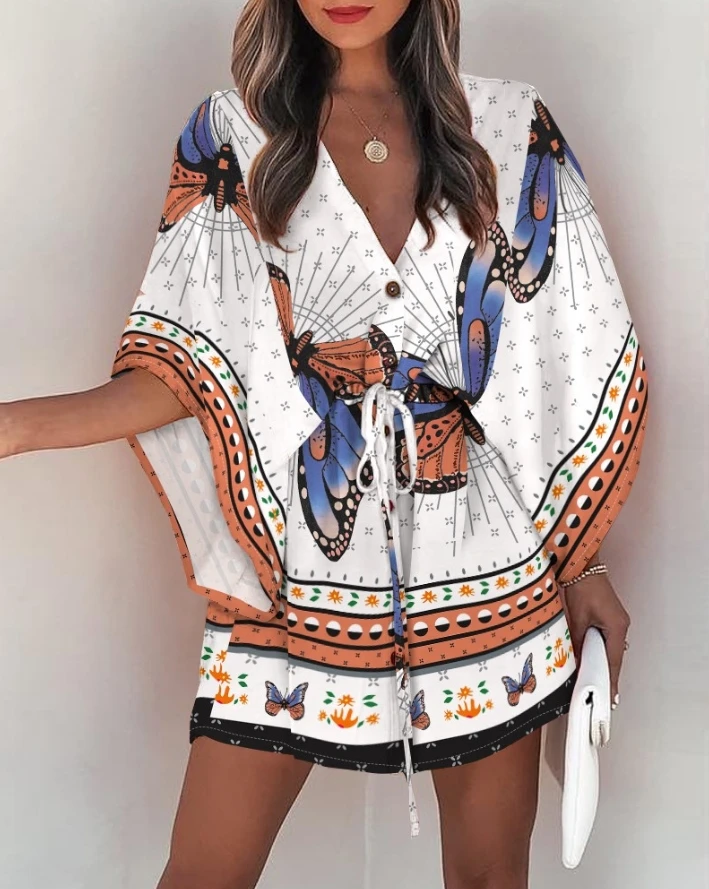 

Summer New Women's Butterfly Print Batwing Sleeve Casual Vacation Mini Dress Temperament Commuting Female Fashion A Line Dresses