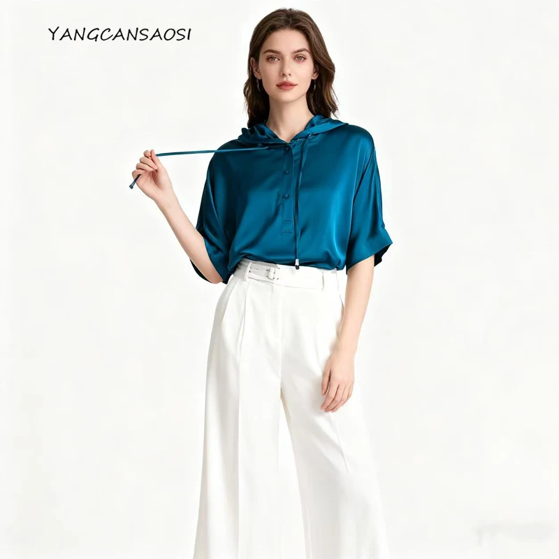 

Women's Fashion Early Autumn New 25MM 93% Natural Mulberry Silk Elastic Double Qiao Satin Hooded Batwing Sleeve Loose Pullover