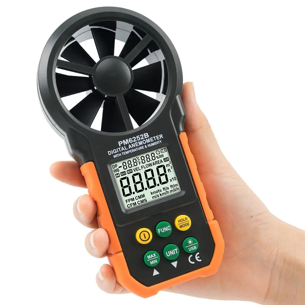 PM6252B Digital Anemometer Handheld Wind Speed Meter for Air Volume Wind Speed Temperature Relative Humidity Measurement