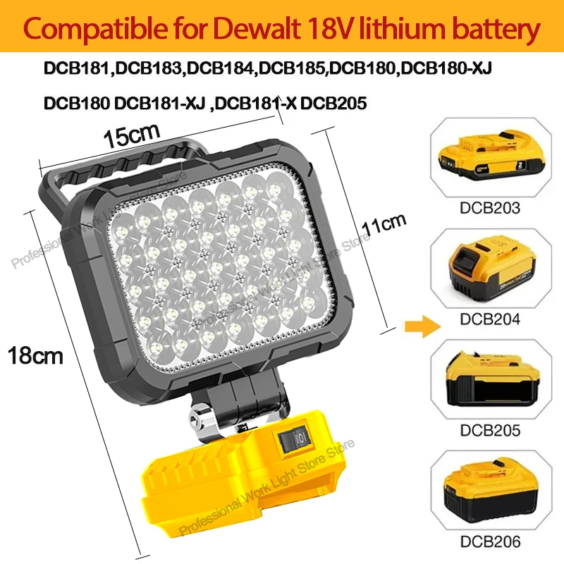 Lampada da lavoro portatile a LED 48W compatibile con batteria al litio Dewalt 18V per XR con torcia esterna USB 5400 lumen da 5 pollici
