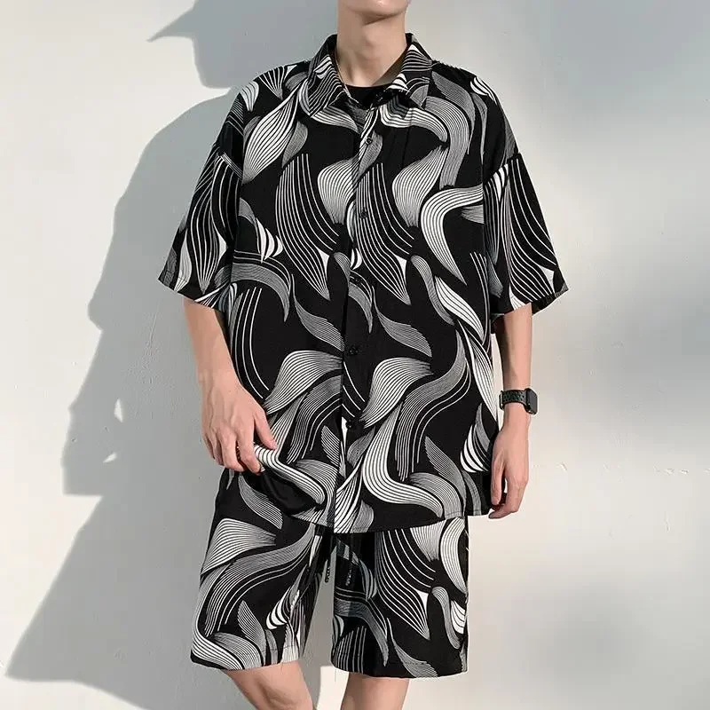 

Модный мужской костюм с драпировкой для отдыха, пляжные брюки, легкая свободная повседневная рубашка с короткими рукавами для взрослых, шорты, домашняя одежда