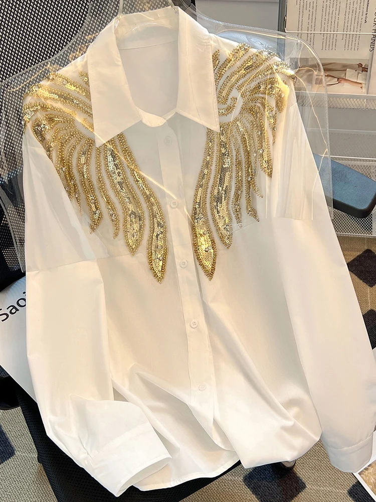 Fashion Sequins Long Sleeve White Shirt Female Spring New Unique Chic Shirts Fashionable Tops Solid Color Women's Clothes