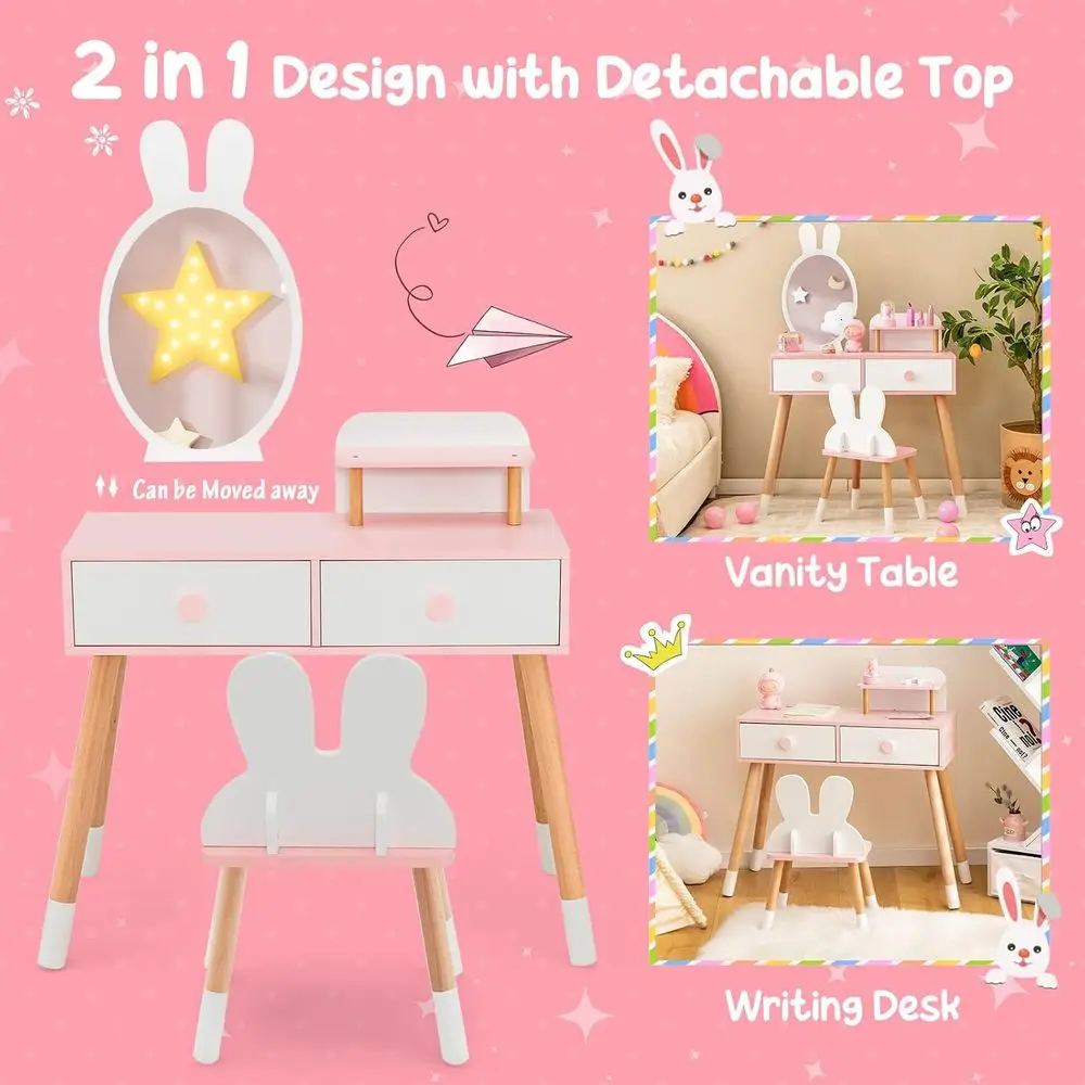 Kids Vanity Set, Girls Vanity Set with Mirror & Stool, 2 Large Ders, Storage Shel, Wooden PrincMakeup Dring Table, Kids Vanity T view 2