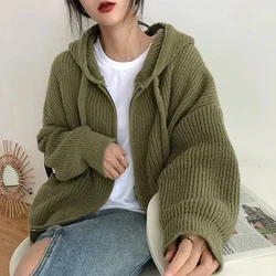 Zipper Cardigan Sweater Women Knit Fall Winter Long Sleeve Harajuku Y2K Solid Jumper Loose Lazy Warm Vintage Basic Female Hoodie