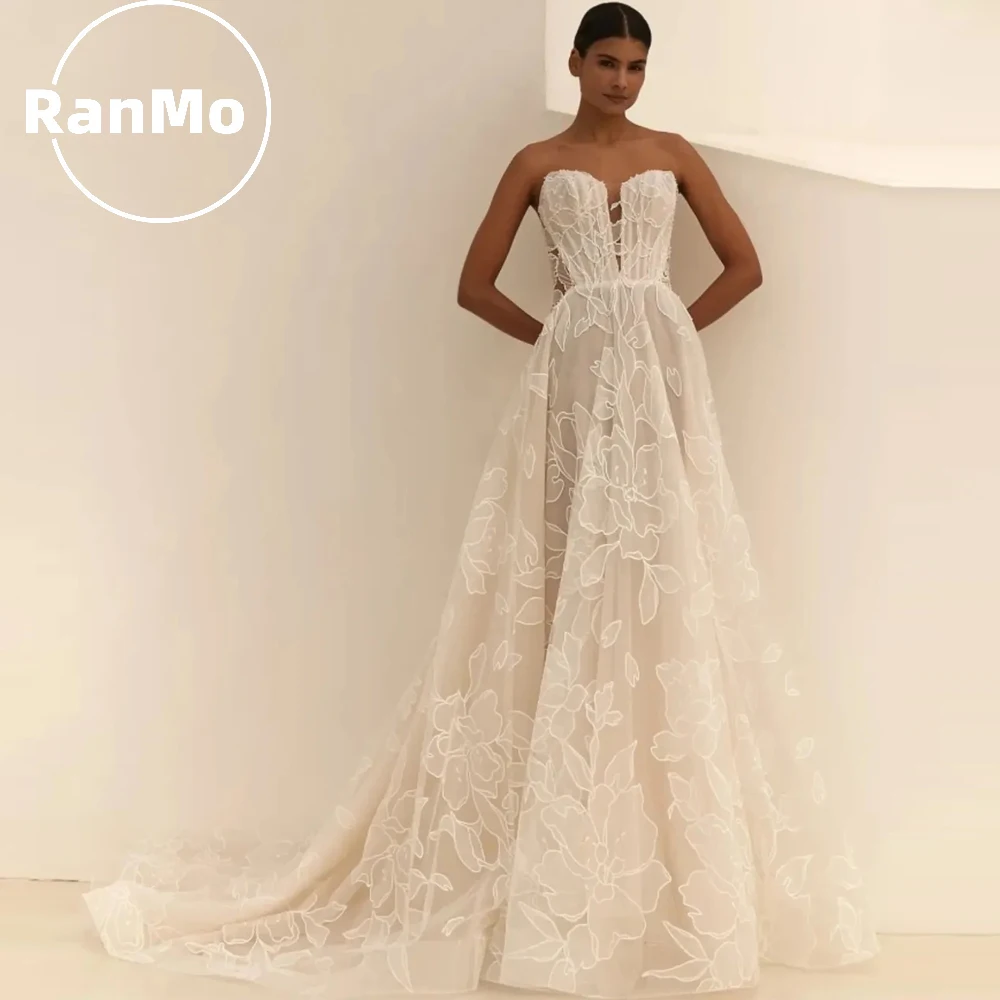 Ranmo Modern Flowers A-line Lace Wedding Dresses V Neck Sleeveless Applique Open Back Bridal Gown Dresses For Bride Customized