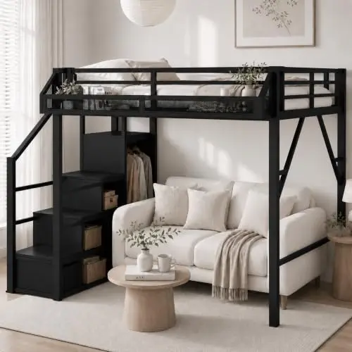 Full Size Loft Bed with Storage Stairs, Storage Shelves and Four-Sided Guardrail, Metal Loftbed with Wardrobe for Kids