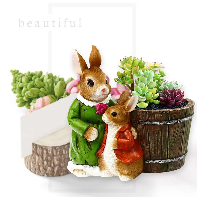 Cute Mother And Child Rabbit Succulent Flowerpot Resin Ornaments Outdoor Garden Figurines Crafts Balcony Layout Sculpture Decor