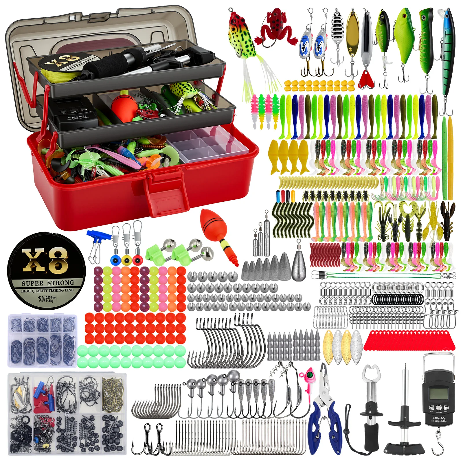 Kit da pesca completo da 270 pezzi con scatola per accessori, set completo di attrezzatura da pesca con esche, ami, pinza per presa di pesce, strumento per rimuovere gli ami e accessori da pesca,