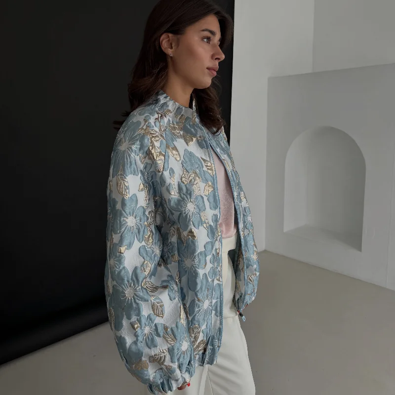 Women 3d Jacquard Floral Bomber Jacket Stand Collar Zip Up Gold Foil Embossed Flower Long Sleeve Loose Casual Outerwear Coat